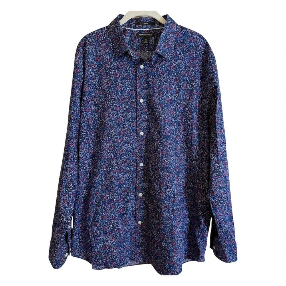 Banana Republic Button Front Shirt Mens XL Blue Floral Slim Fit Non Iron LS